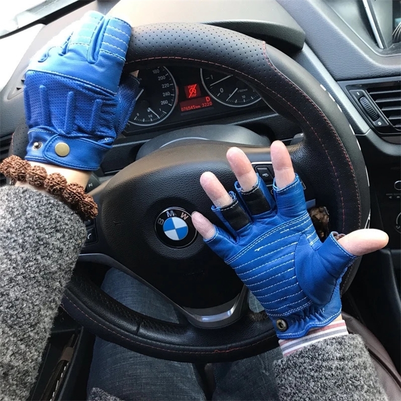 Men Lambskin Gloves For Driving Cycling Motorcycles Male Half Finger Soft Genuine Leather Lined Military Guantes Blue Gym Luvas 240428