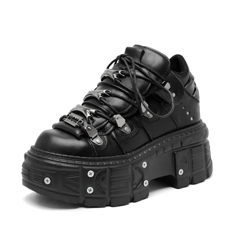 Punk Style Women Black Shoes Rock Metal Decor Lace-up Heel Height Platform Shoes Gothic Man Sneakers Women Ankle Boots 250809