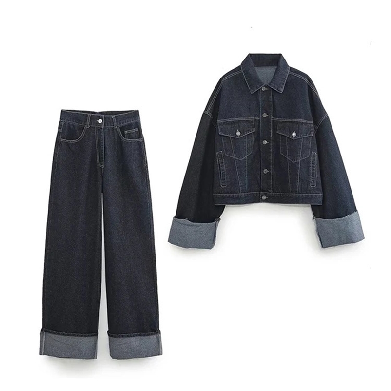 QNQO Crimping Denim Pants Sets Women Button Turn-Down Collar Chic Casual Loose Top Fashion Female High Waist Pant Two-piece 240729