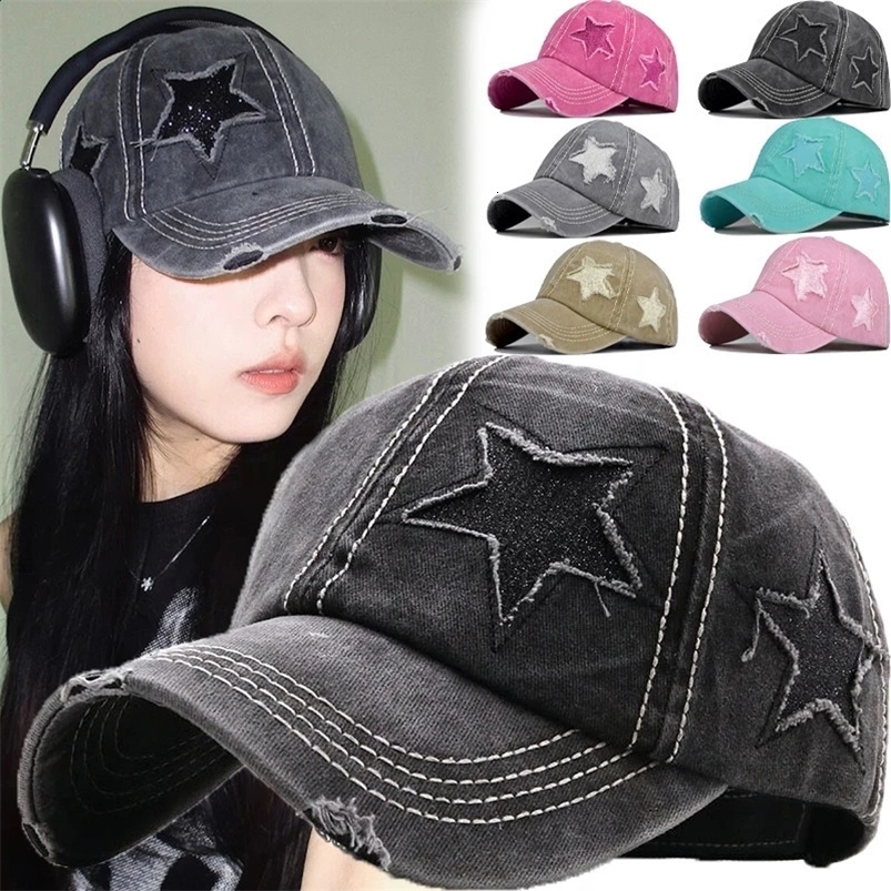 Y2K Star Hats Women Men Vintage Embroidery Pentagram Washed Cotton Baseball Caps Soft Top Denim Ponytail Hats 250214