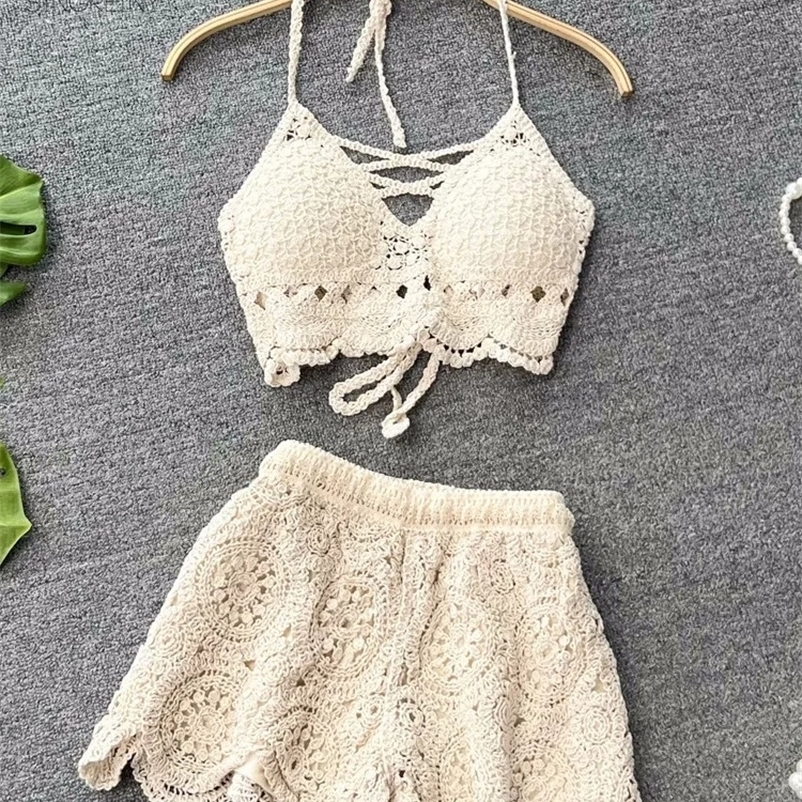 SINGREENY Knitted Two Piece Womens Summer Vacation Backless Tank Top Elastic Waist Shorts Hollow Y2K Beach Style Set 250322