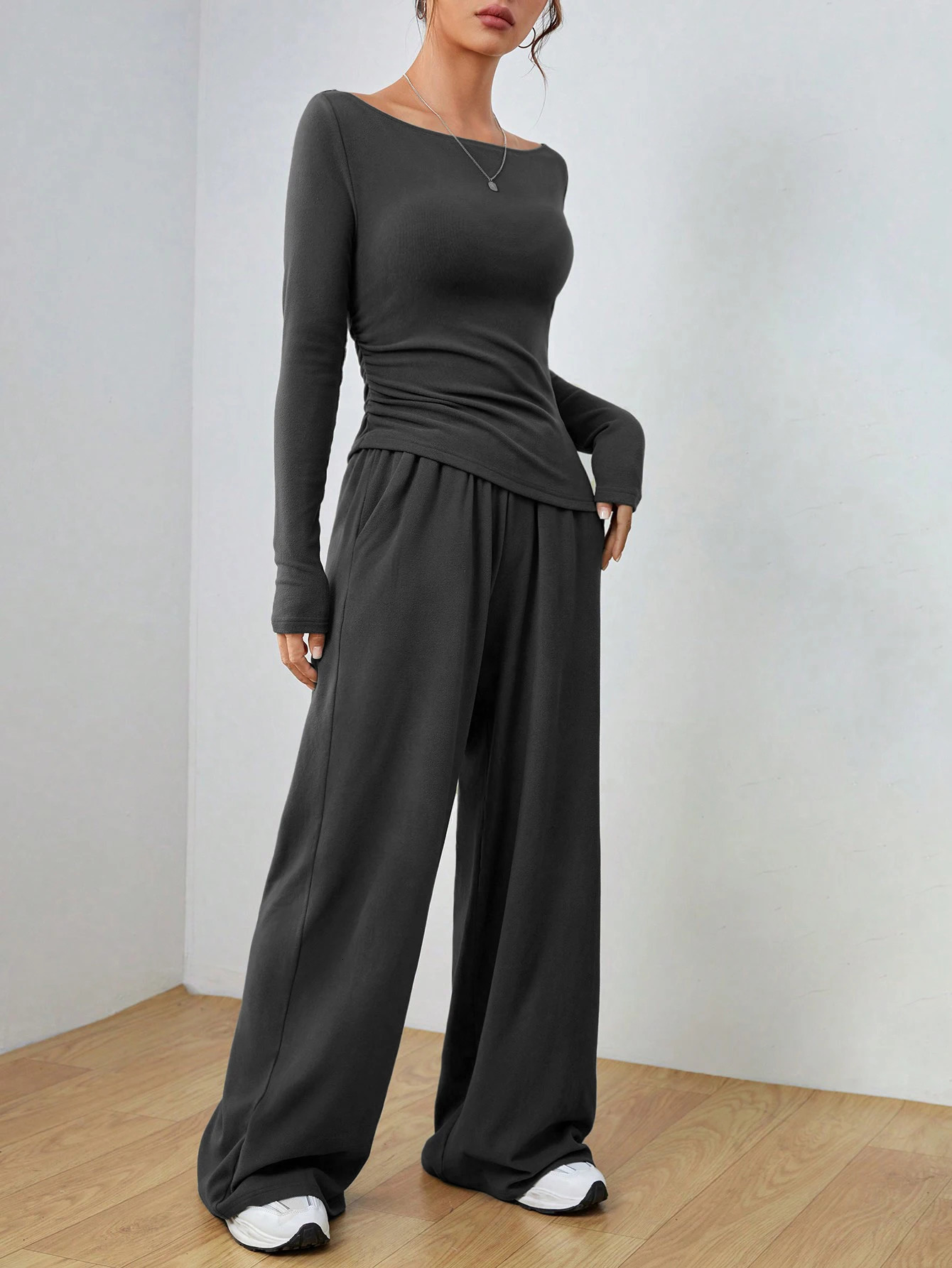 Womens Solid Long Sleeve Wide Leg Twopiece Set Casual 2 Pieces Round Neck Tshirt Pocket Trousers 250906