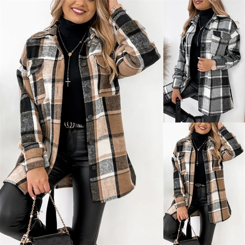 Autumn and Winter Womens Fashionable Long Sleeved Single Breasted Plaid Printed Shirt Collar Woolen Jacket 240830