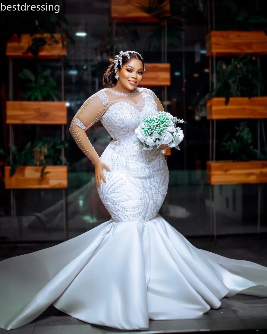 2025 Aso Ebi Plus Size Ivory Mermaid Wedding Dress Full Sleeves Beaded Sheer Neck Sequined Lace Satin Luxurious Bridal Gowns Dresses 0923