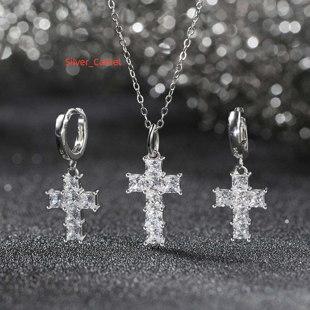 Lzn1 Rinntin Silver Cross Collier Boucles d'oreilles Ensemble de bijoux de mariage Moisanite Premium Set pour les femmes