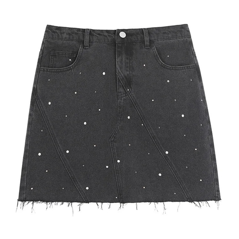 GIBSIE Plus Size Black rivet diamond denim skirt Womens summer high waist korean retro a-line bodycon raw hem mini skirts 250318