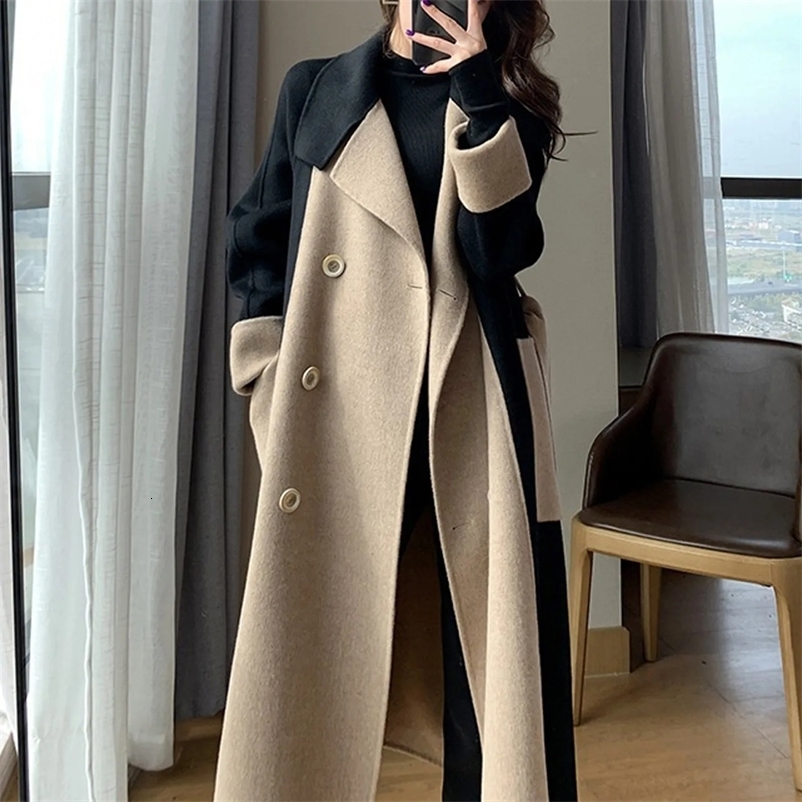 Women Elegant Long Double-Side Woolen Coat With Belt Fashion Hepburn Style Patchwork Outwear Chic Autumn Ladies Overcoat 240729