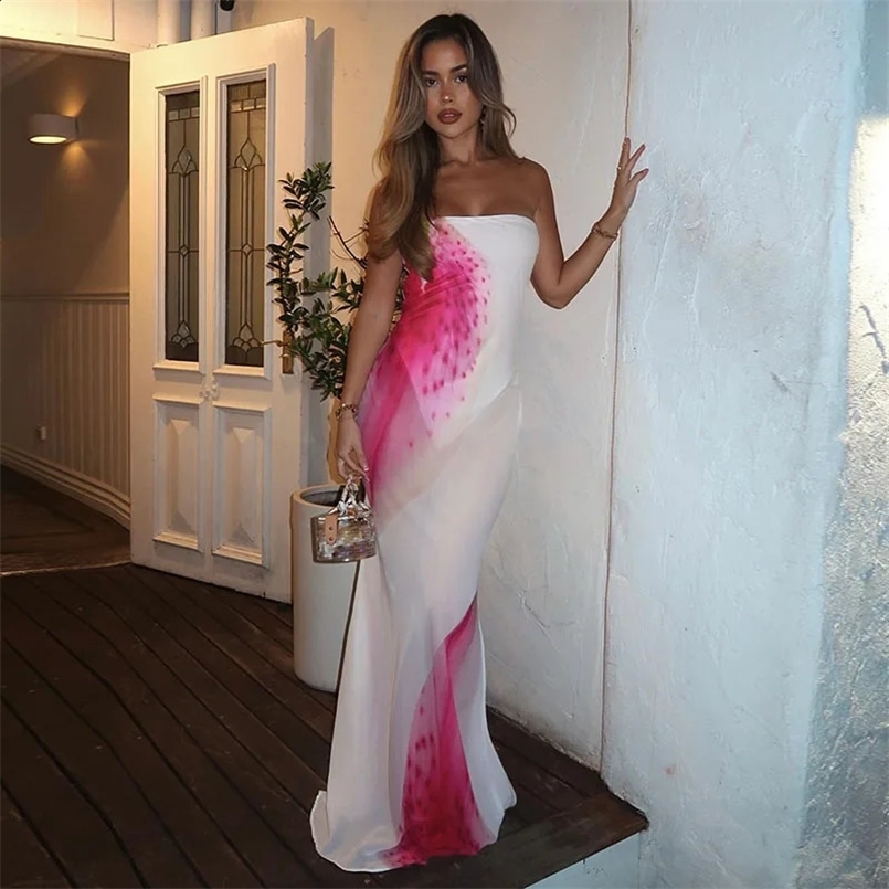 BIIKPIIK Vacation Mesh Semi-perspective Long Dress Sexy Floral Printed Strapless Party Dress Elegant Women Slim Fit Maxi Dresses 250425