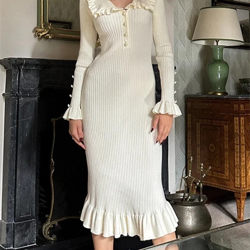 TARUXY High Waist Ruffled Maxi Dresses For Women Autumn Winter Knitted Slim Long Dress Womens Vintage Dress Woman Retro Elegant 240828