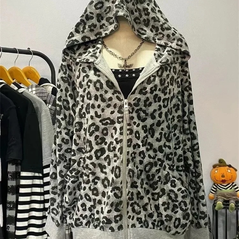 HOUZHOU Grunge Leopard Print Zipper Hoodies Women American Retro Y2k Harajuku Streetwear Hip Hop Hooded Sweatshirt Autumn 250122