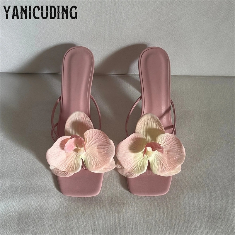 Flowers Vacation Stiletto Mules Perfect Beach Travel Heels Square Toe Elegant Fashion Summer Slippers for Women Handmade Sandals 250214bj