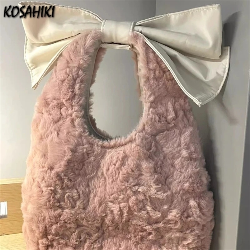 Kawaii Fairy Bow Fashion Fluffy Top-Handle Bags Korean Girls Sweet Y2k Aesthetic Purses and Handbags Women Casual Chic Clutches 240620