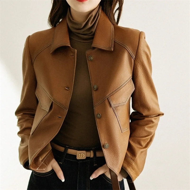 Spring Autumn Single Breasted Leather Jacket Womens Short Slim Fit Motorcycle Leather Coat Lady Brown Lapel PU Outwear Top 240823