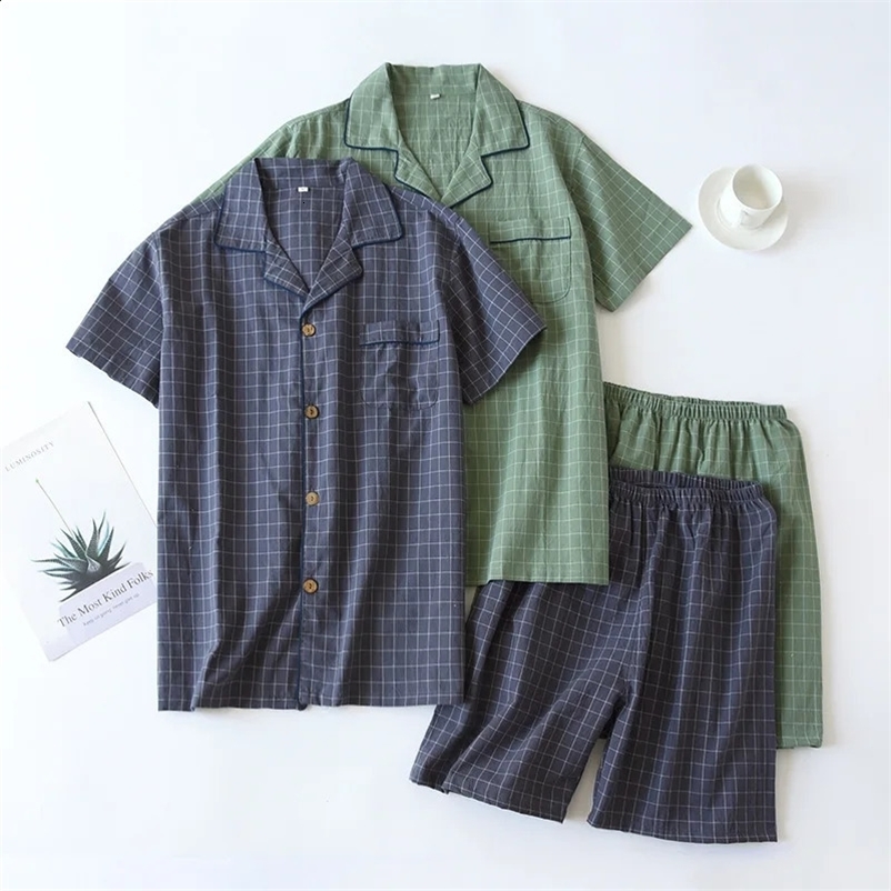 2024 Mens Pajamas Summer Thin Short-sleeved Shorts Washed Cotton Simple Japanese Plaid Home Service Suit Pantalon Pijama Hombre250403bj