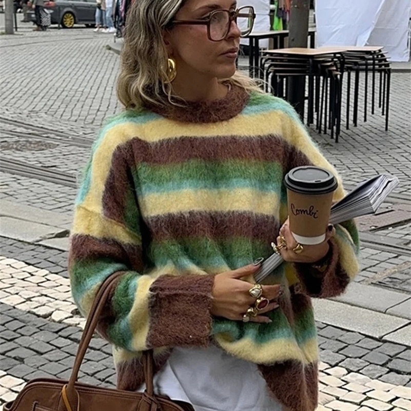 Mohair Striped Elegant Sweater Women Oversize Long Sleeve Contrast Color O-neck Pullover Female Jumper 2024 Autumn Colorful Tops 241227