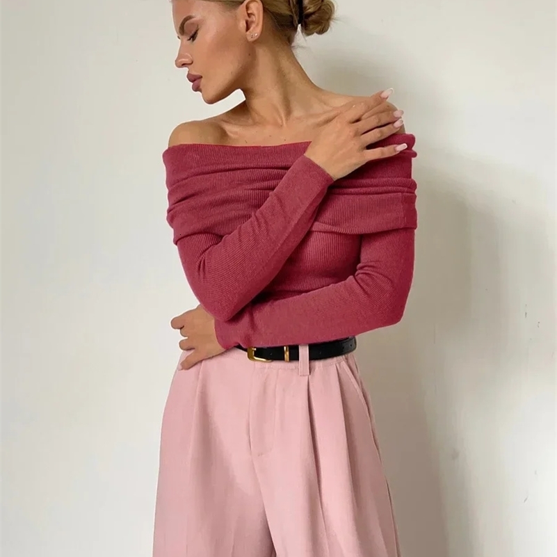 Wolfeel Women Knitted Wool T-shirt Slim Fit Long Sleeve Autumn Winter Chic Off Shoulder Basic Sweater Streetwear Pullovers 241227