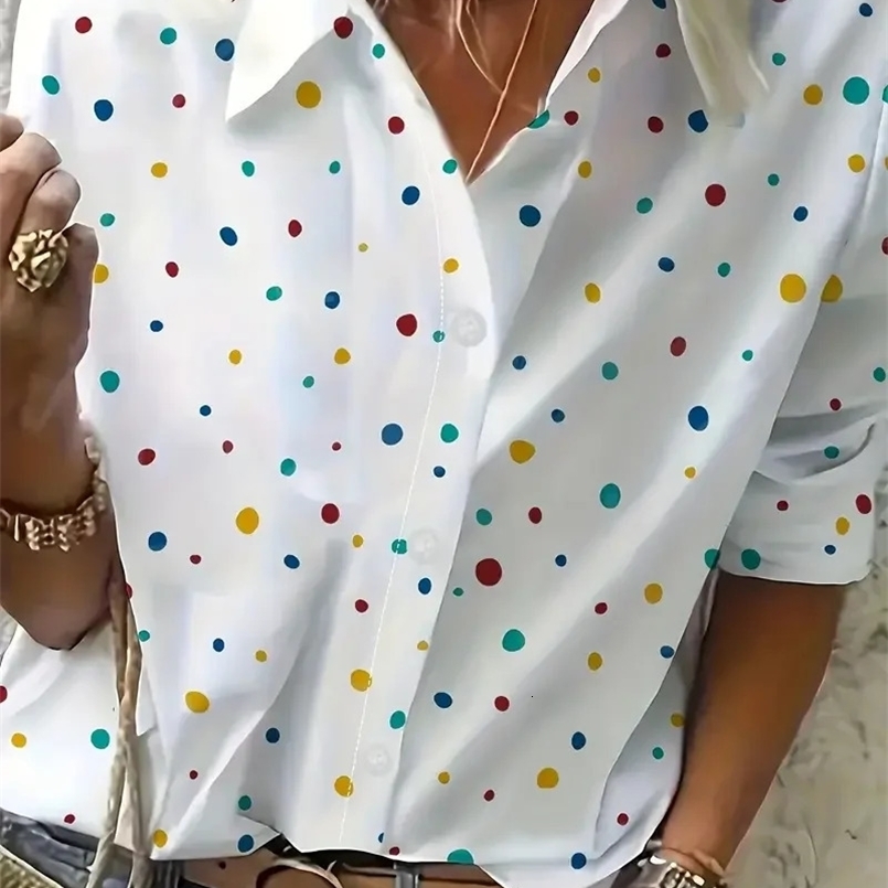 Spring Summer Fashionable Polka Dot Print Womens Shirt And Blouses Casual Long Sleeve Button Lapel Office Ladies Clothes 250422