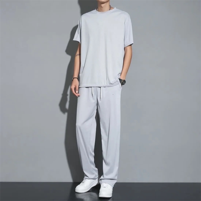 Ice silk sports suit mens summer thin casual pants short-sleeved ins quick-dry sense clothes set 240819
