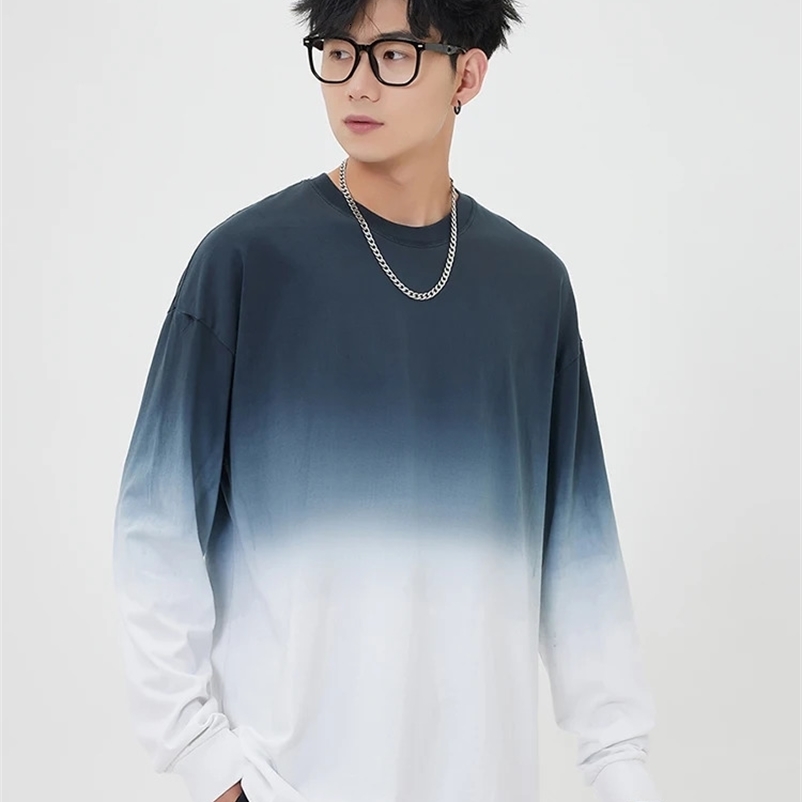 Mens Korean T-shirt long sleeved oversized top 250G heavy cotton fashionable loose T-shirt Y2K gradient color basic T-shirt 250303