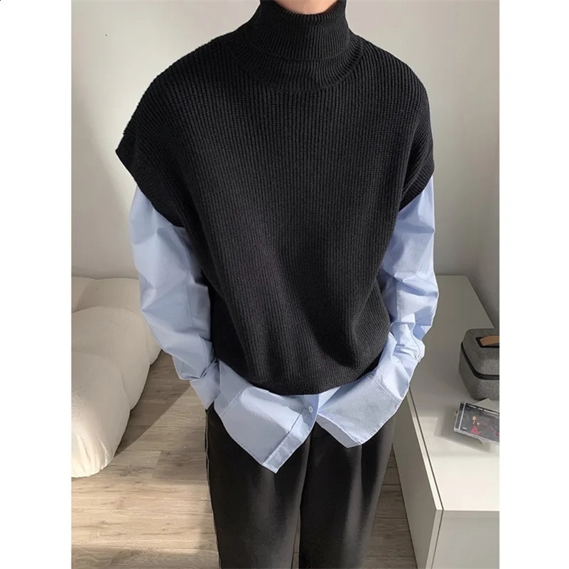 Turtleneck Sweater Vest Men Warm Fashion Winter Casual Knitted Pullover Men Korean Loose Short Sweater Vest Mens Jumper Clothes 240824