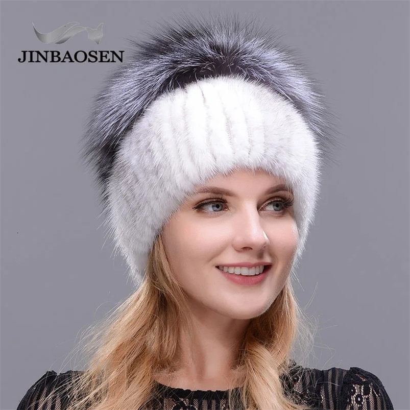 BeanieSkull Caps JINBAOSEN Winter Travel Fashion Fur Hat Woman Real Mink Fur Silver Fox Fur Hat Wool Knit Liner Ski Hat Handmade 231215