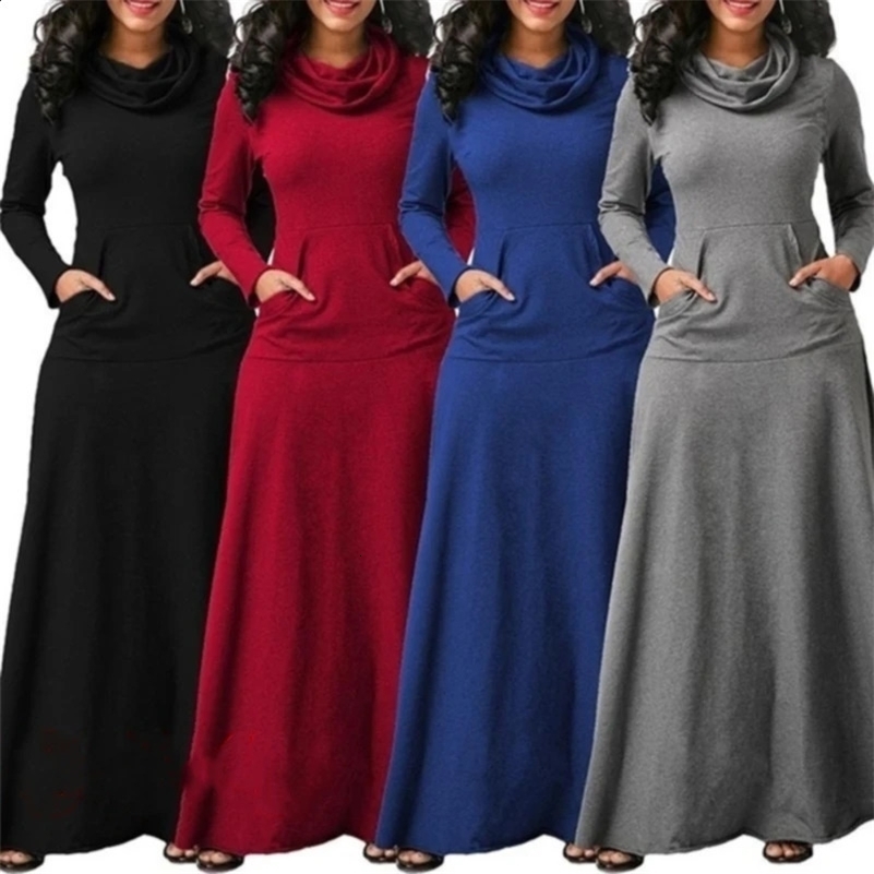 Plus Size 5XL Elegant Long Maxi Dress spring Winter Warm High Collar Women Long-sleeved Dress 2024 Woman Clothing With Pocket 250207