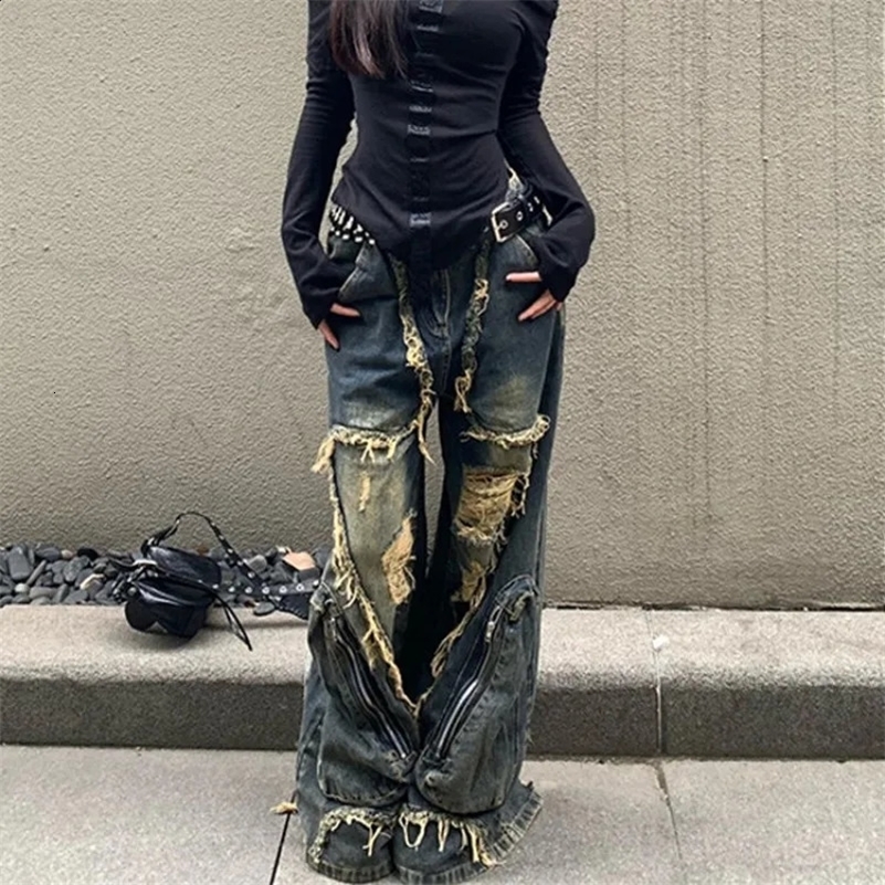 Y2K High Street Ripped Tassel Washed Baggy Jeans Woman Retro Street Hip-hop Loose Old Fashion Casual High Waist Wide Leg Jeans 250206