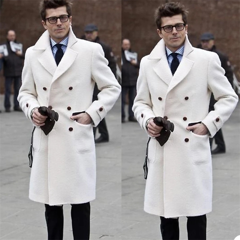 Solid White England Style Woolen Overcoat Mens Thick Plus Double-Breasted Long Coat Casual Winter Fashion Warm Jacket 241223bj