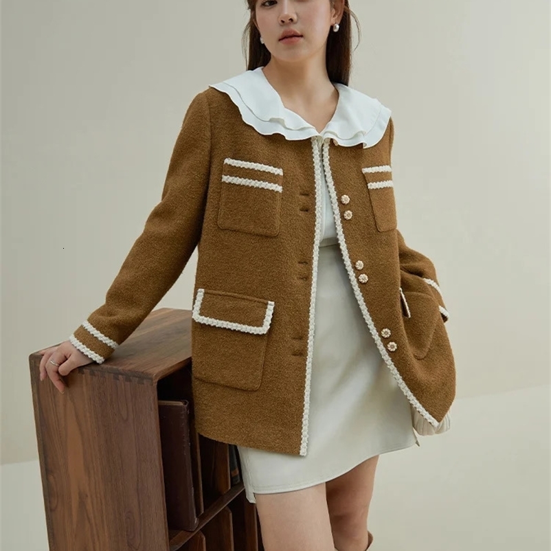 DUSHU Vintage Style Elegant Sense Round Neck Woolen Coat for Women Winter Niche Terry Woolen Jackets Female 240821