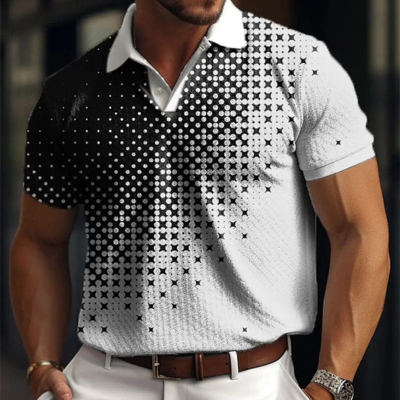 Mens polo shirt with buttons polo collar golf shirt plain weave pattern geometric street casual mesh fabric short sleeved 250410