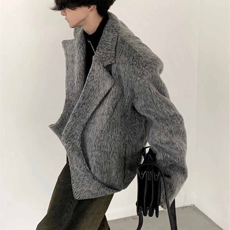 Mauroicardi Autumn Winter Warm Thick Grey Fluffy Wool Blends Blazer Coat Men Shoulder Pads er Woolen Jacket 2024 241223bj
