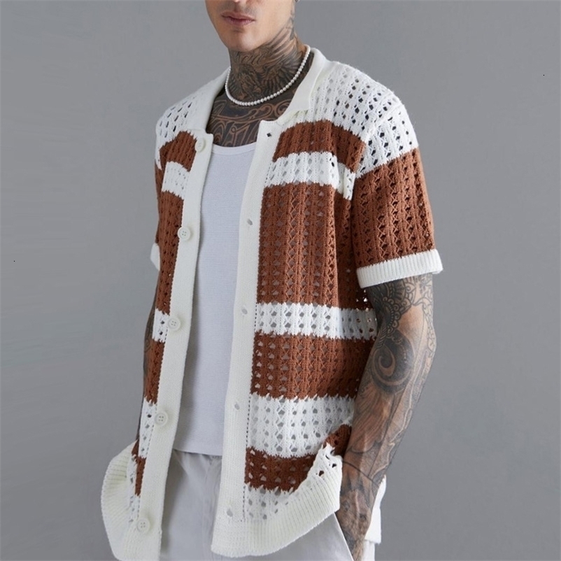 Fashion striped patchwork mens knitted shirt summer short sleeved collared button up mens clothing casual knitted top240802bj