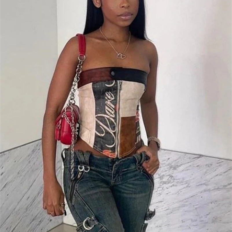Weird Puss PU Leather Patchwork Print Tube Tops Women Y2K Zip Button Vintage Summer Trend Casual Corset Top Streetwear Wild Vest250222bj