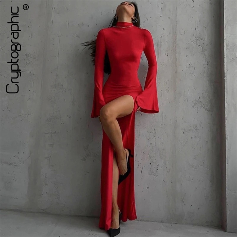 Cryptographic Open Back Sexy Split Maxi Dress Elegant Outfits for Women Chic Flare Sleeve Party Club Fashion Red Dresses Vestido 240828
