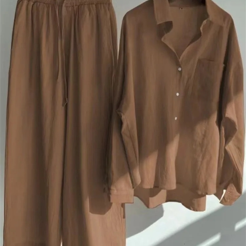 Spring Summer Womens Two Piece Casual Long Sleeve Shirt Womens Suit Fashion Button Casual Female Wide Leg Pants 2 Piece Sets 250121