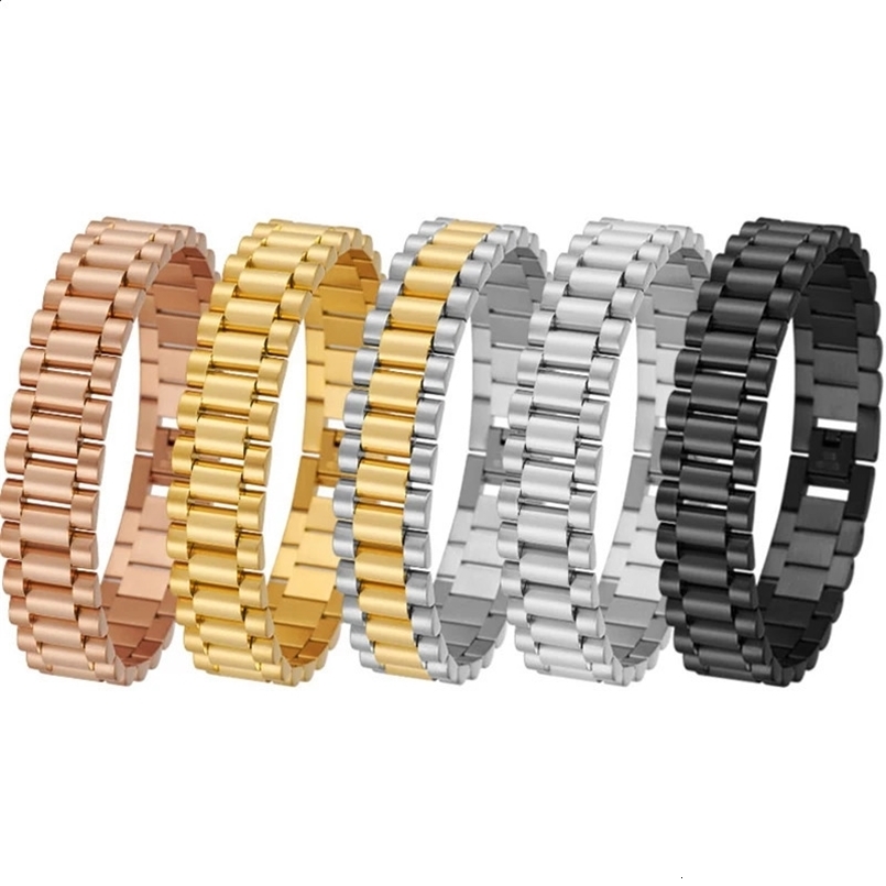 15MM Wide 8/8.86 Inches Long Watch Chain Wristband Man Bracelet For Men Gold Color Stainless Steel Boys Jewellery Wholesale 241227