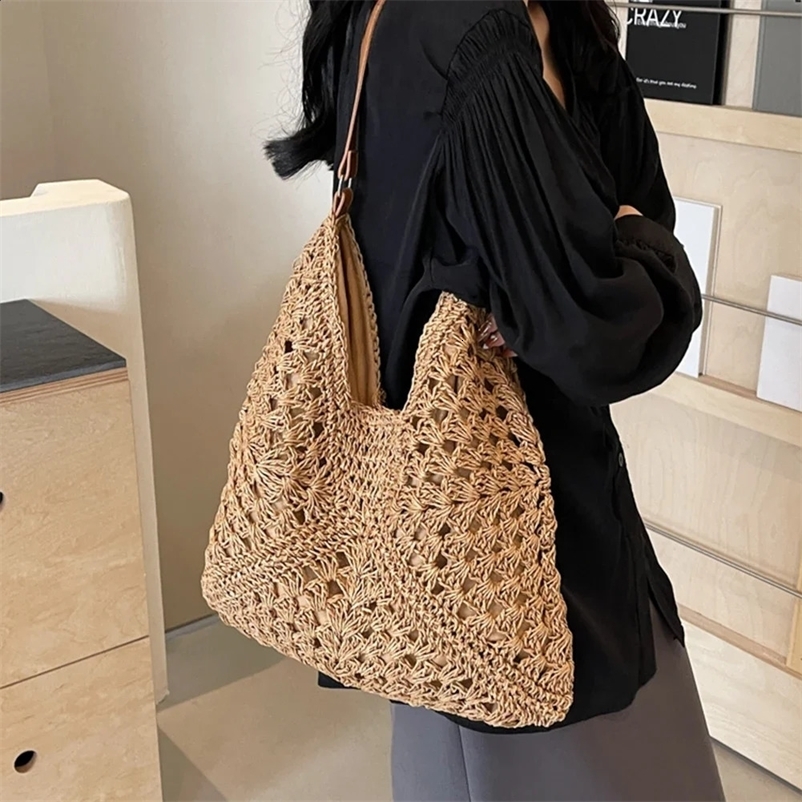 2024 Summer Straw Knitting Bag Hollow Out Tote Bag Solid Beach Shoulder Bag Holiday Travel Handbag Boho Shoulder Purse for Women 250407bj