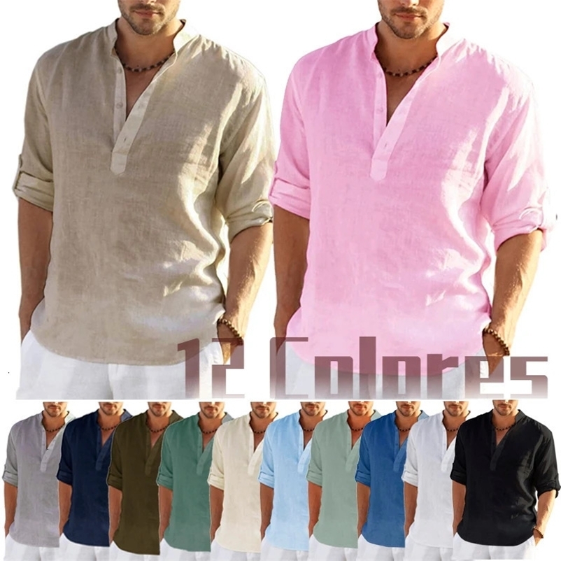 Mens Linen Long Sleeve T-Shirt Solid Color Loose Casual Shirt Long Sleeve Cotton Linen Shirt250312bj