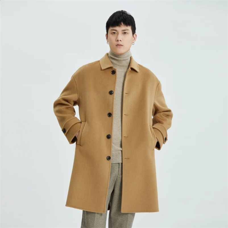 Jueqi mens Korean-style cashmere coat medium length double-faced wool coat 100% pure wool camel-colored coat MR-3024 241223bj