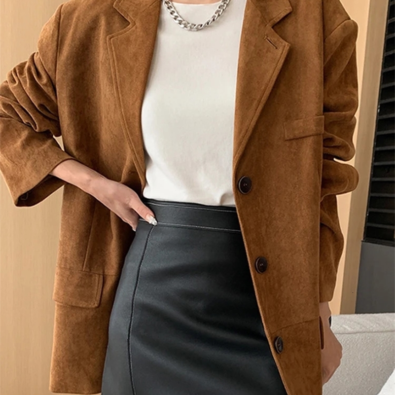 Brown Faux Suede Jacket Women Fall Oversized Blazer 2024 Autumn Lapel Pockets Coat Office Top Lady Elegant Street In Outwear 241120