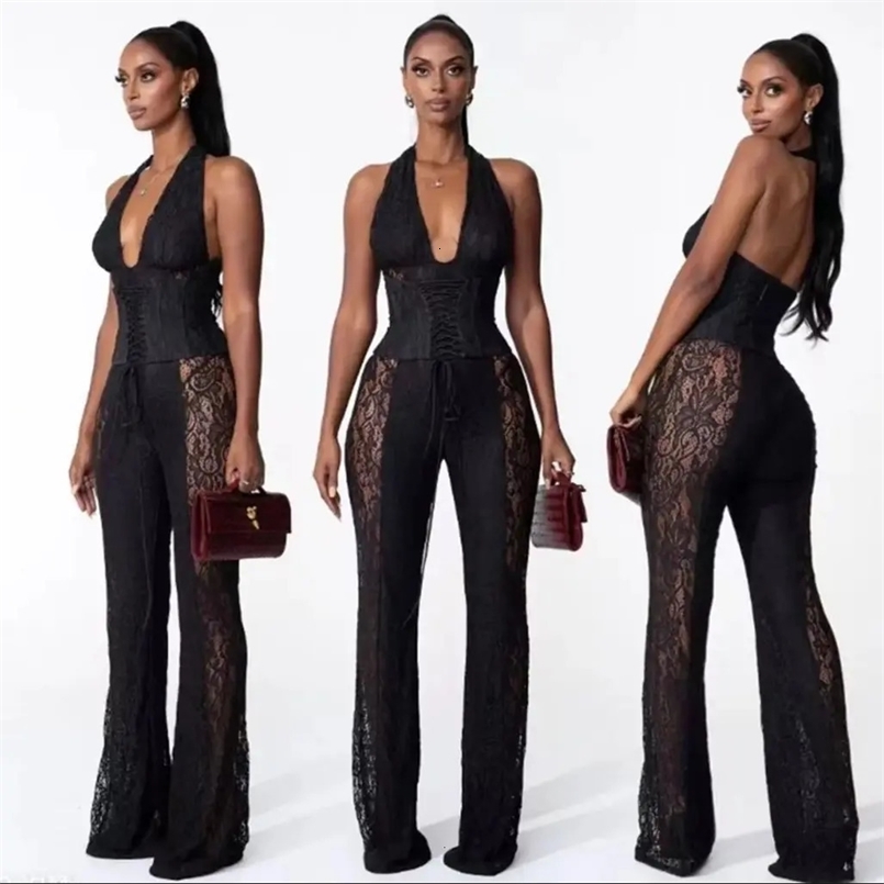 Sexy Lace Tops Two Piece Pant Set Women Summer Elegant Clothes Club Wear Halter Corsets 2 Piece Pant Sets Outfits 250322