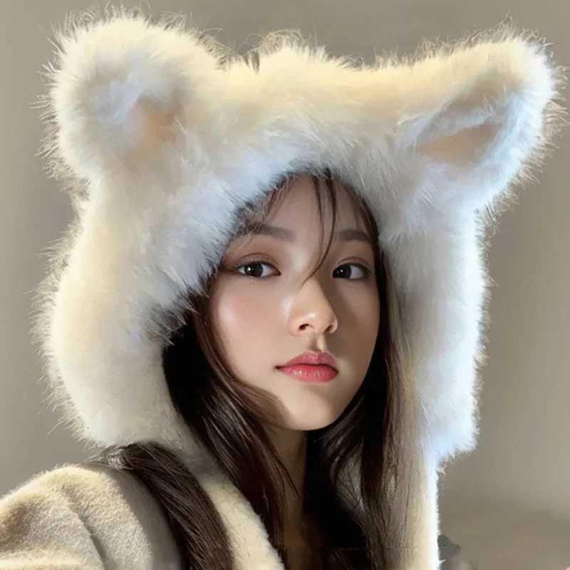 2024 Korean New Autumn Winter Ear Plush Women Hats Fur Hairy Streetwear Warm Cap Outdoors Fashion for Girl Sweet Hat GiftsXJ250923