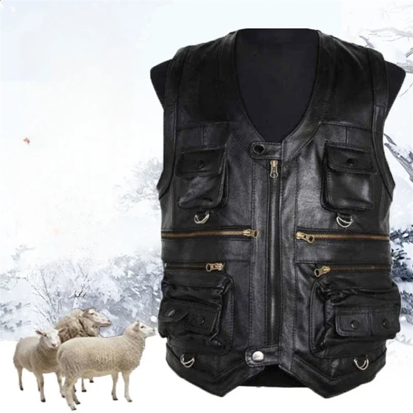 Spring Autumn Men Genuine Leather Vest Male Multiple Pockets Sleeveless Coats Men V-neck Real Sheepskin Waistcoat D418 240820