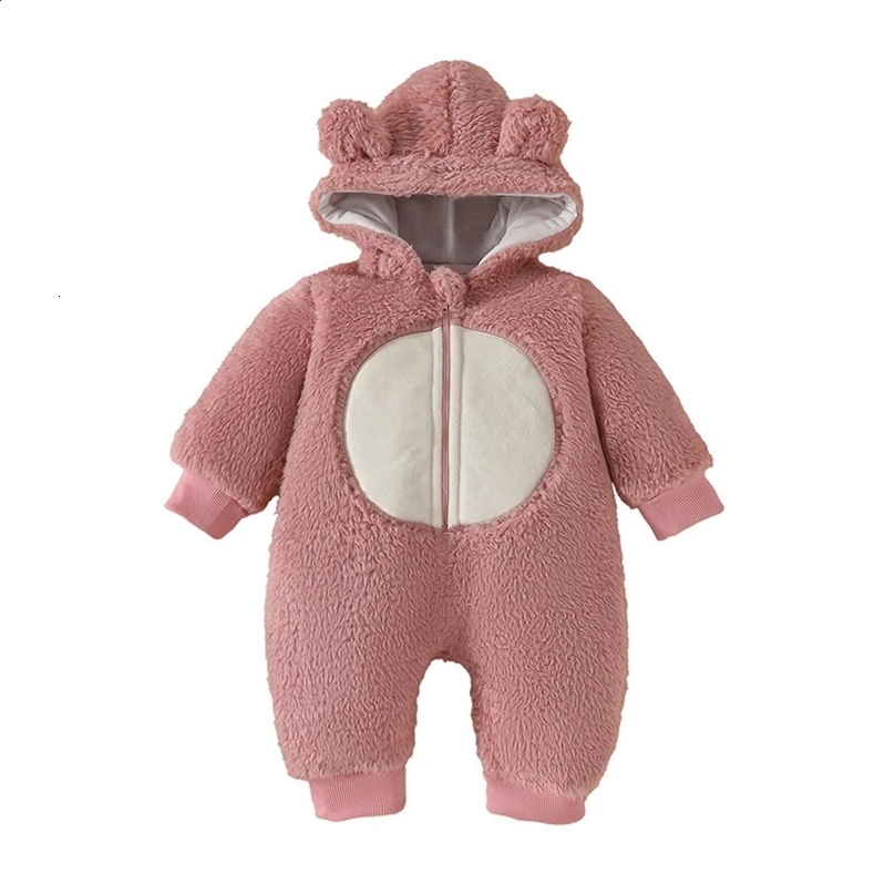 Cute Baby Boys Hooded Bear Romper with Ears and Tail Warm Fleece Jumpsuit for Infant Toddler Winter Outfit Fashion Wear 241226