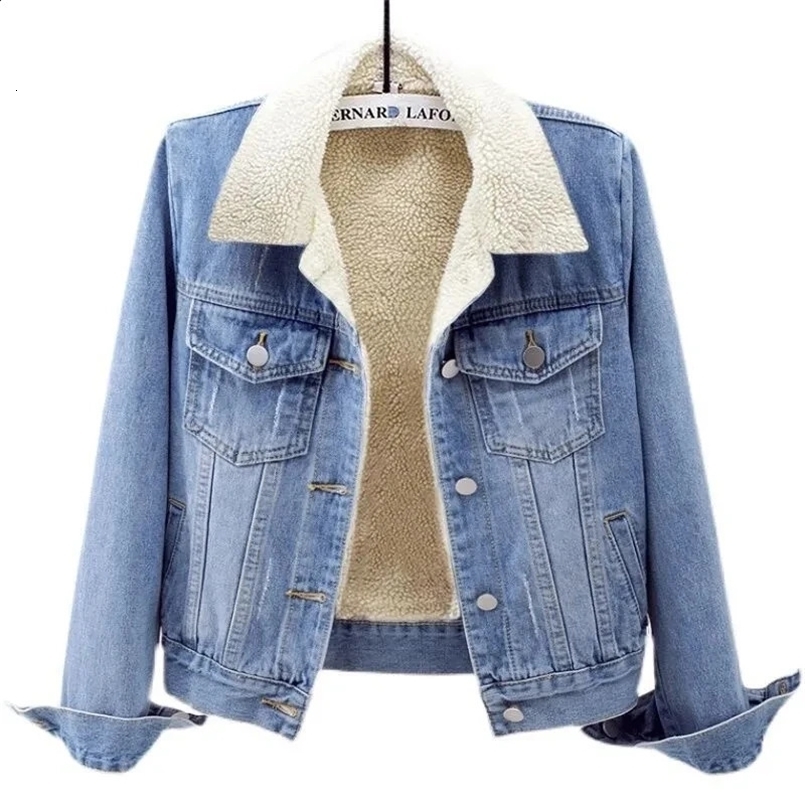 Fleece Warm Winter Jean Jacket Female Pockets Button Soft Warm Outerwear Fashion Slim Denim Coats For Women 240828