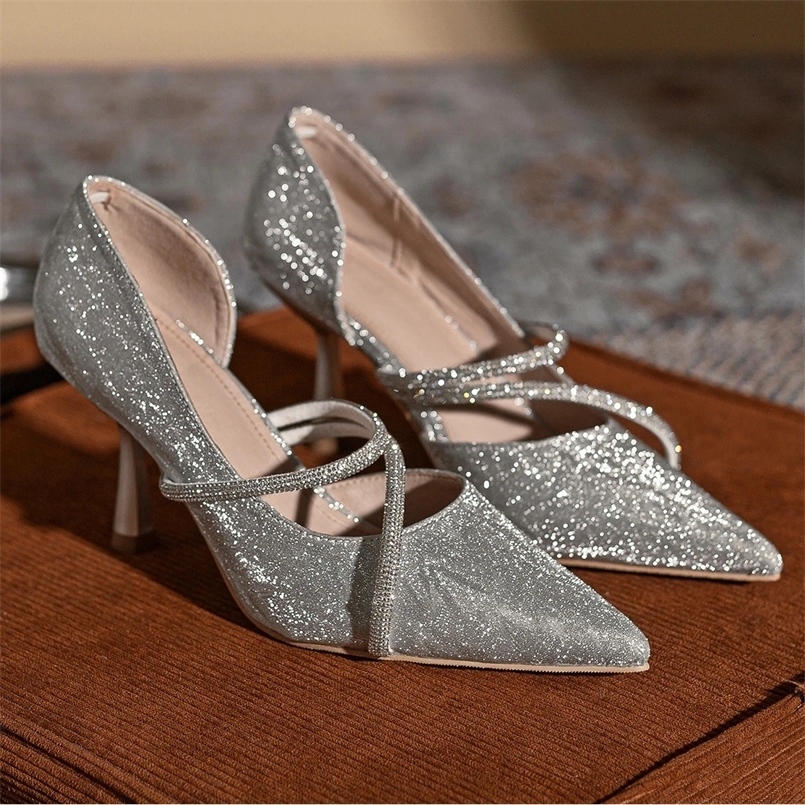 Glänzende spitze Zehen-High-Heels für Damen, Sandalen, Pumps, Damen-Strass-Stiletto-Absatz, Party-Kleider, Hochzeitsschuhe 241030