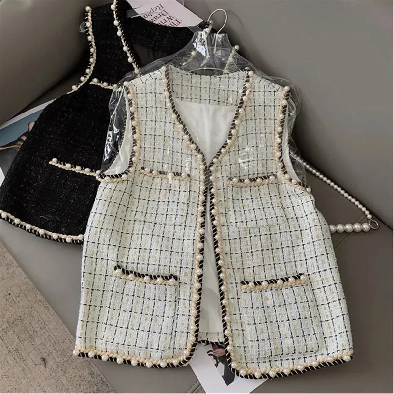 Autumn All-Matching Slim Fit Solid Vest Tweed Waistcoat Jacket Vest Women V Neck Pearl Button Spring Cardigan Female 240823