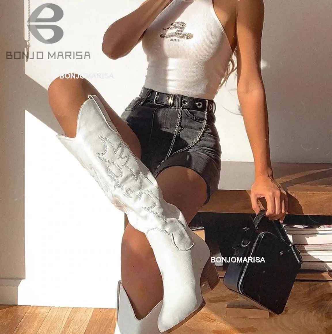 Plus Size 45 Womens Embroidered Western Knee High Boots Cowboy Cowgirl Boots Chunky Heel Platform Boots Women Western Shoes 250809