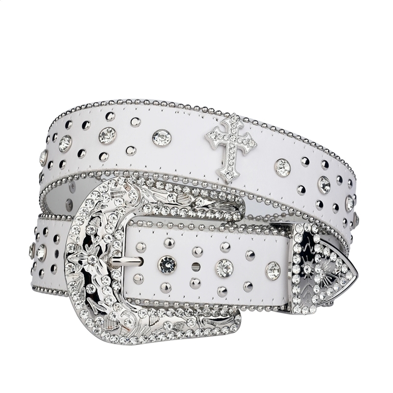 Punk Rhinestone White Ribbon Womens Fashion Western style Jeans Womens Jeans Jewelry Y2K Jeans Strap 240924bj