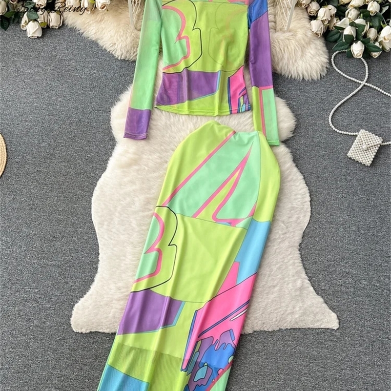 SINGREINY Women Painting Mesh Suits Long Sleeves TopsHigh Waist Bodycon Skirt Fashion Streetwear Vintage Skinny Two Pieces Sets 240730